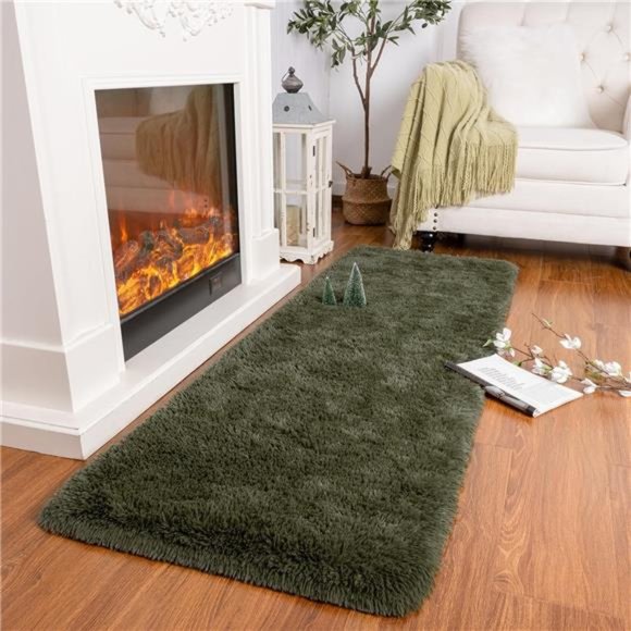 Soft Shag Runner Rug for Bedroom, 2x6 Feet Fluffy Rugs with Non-Slip,Olive Green - Picture 2 of 6